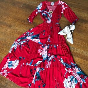 NWT Red Vintage Inspired Button Front Maxi Dress